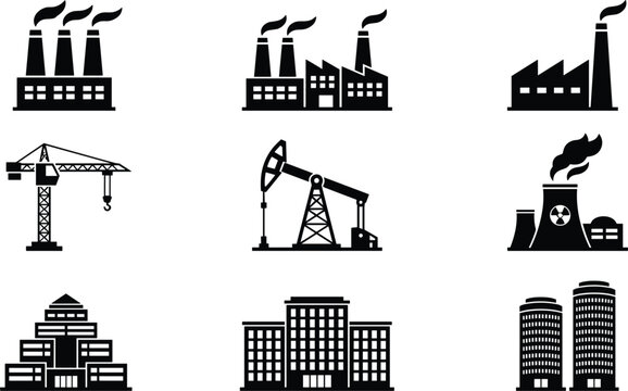  Collection of industrial factory structures nuclear plant crane oil pump and city building silhouettes on white background.