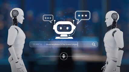 Two humanoid robots engage in a conversation about artificial intelligence within a modern office,...