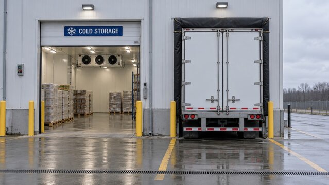 Loading dock and truck at cold storage warehouse facility on rainy day. concept of logistics, industrial storage, transportation infrastructure