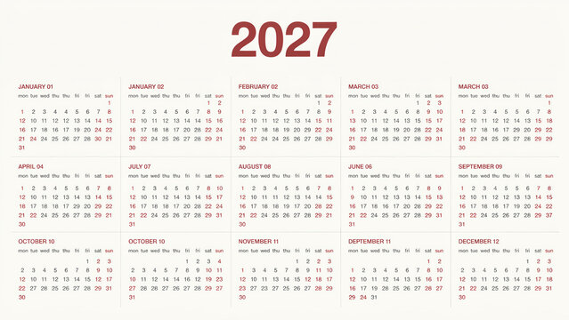 Minimalist 2027 calendar template, clean annual planner for scheduling and organization, simple year-at-a-glance design, professional business and personal planning tool.