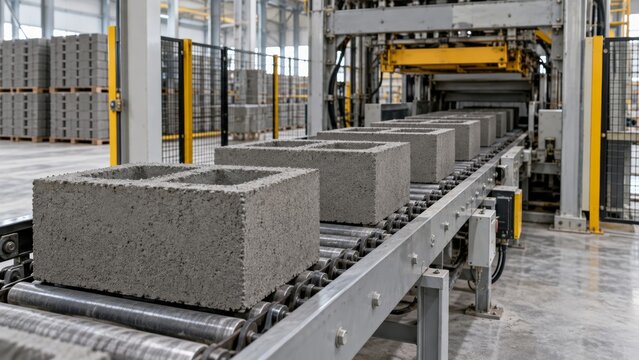Industrial concrete block manufacturing on automated conveyor in factory setting. concept of construction materials, automation, efficiency in production