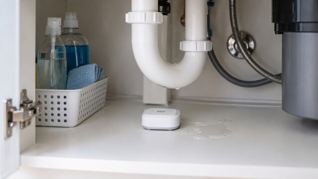 Household water leak sensor under kitchen sink with plumbing pipes and cleaning supplies. concept of home safety and maintenance.