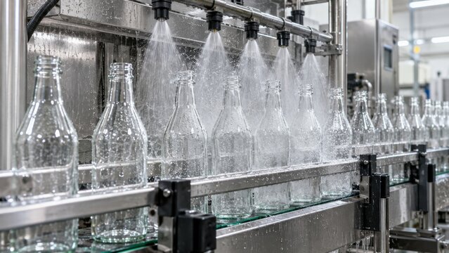 Glass bottles being cleaned on an industrial conveyor system in a recycling plant. concept of sustainability, eco friendly practices, and waste reduction.