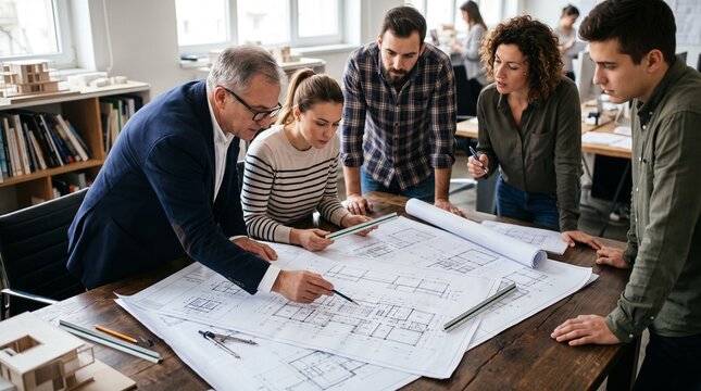 Diverse team of architects reviewing construction blueprints on a wooden table in office