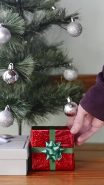 Man placing wrapped gifts under Christmas tree decorated with silver balls, front view with static camera