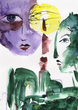 Two Female Faces and Inner Landscape, Hand-Painted Watercolor