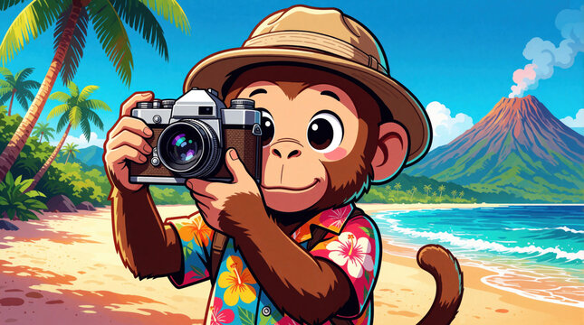 Cute cartoon monkey with camera wears hat and Hawaiian shirt on tropical beach. Monkey takes photo near palm trees and volcano. Sunny day at ocean shore.
