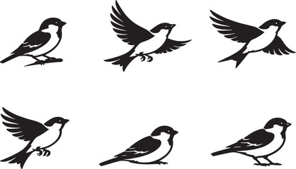 Obraz premium Sparrow Bird Silhouette Set with Perching and Flying Poses