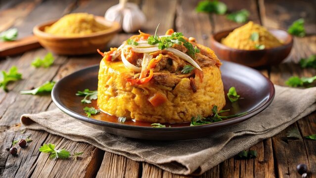 Mofongo on a plate with garlic sauce and shredded chicken , mofongo