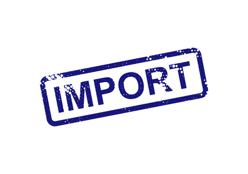 Blue import stamp with bold text on white background isolated on transparent background, illustration