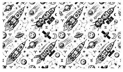 Retro Spacecraft and Cosmic Doodle Seamless Vector Pattern © Md Monirul