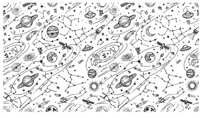 Astrology and Astronomy Space Doodle Seamless Pattern with Zodiac and Constellations © Md Monirul