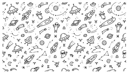 Cute Alien Space Doodle Seamless Vector Pattern with UFOs Rockets and Planets © Md Monirul