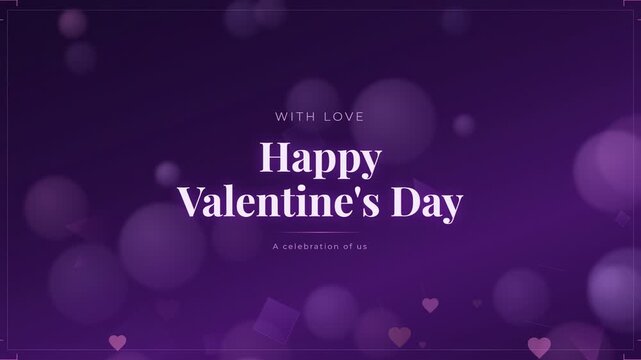 Animated Happy Valentine's Day greeting with floating hearts and bokeh lights on purple background