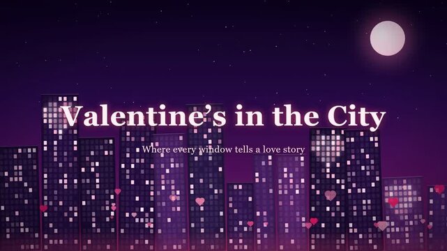 Animated Purple City Skyline at Night with Floating Hearts and Romantic Valentine's Day Text
