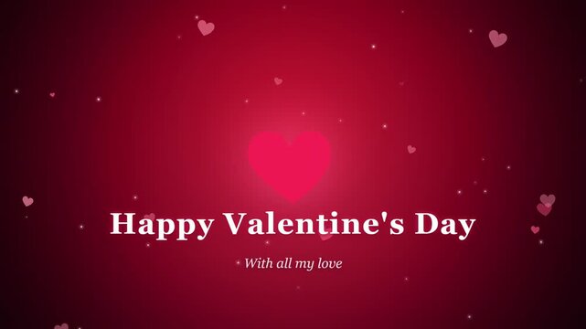 Animated Happy Valentine's Day greeting with glowing red heart and floating particles on dark background