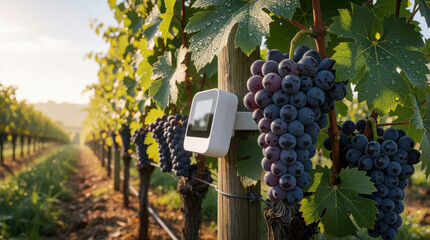 Obraz premium Smart sensor on vineyard post monitors weather for grape growing. Device collects climate data, improves crop yield. Precision agriculture for quality wine production.