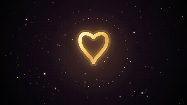 Glowing Golden Heart Shape Pulsing with Sparkling Particles on a Dark Purple Background