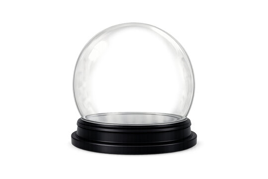 An empty glass snow globe with a black base sits against a plain white background.