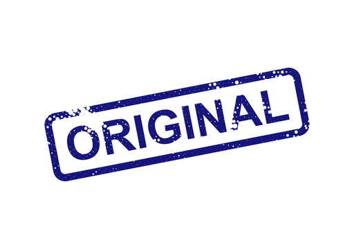 Original blue rectangular stamp with white text isolated on transparent background, illustration