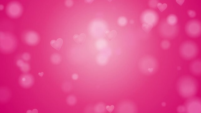 Abstract pink background with floating hearts and soft bokeh light particles for romantic celebrations