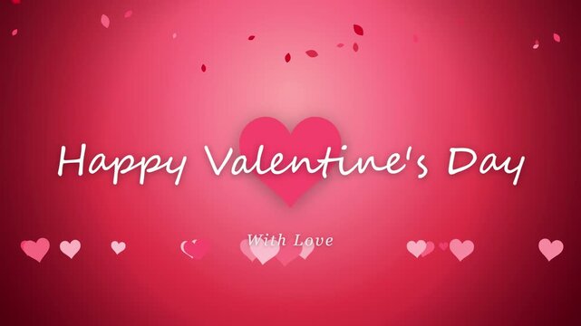 Animated Happy Valentines Day greeting with floating hearts on a red gradient background