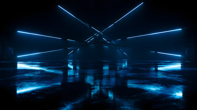 Futuristic stage featuring blue neon bands, with a wet floor