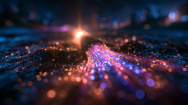 Glowing Fiber Optic Cable Transmitting High Speed Data