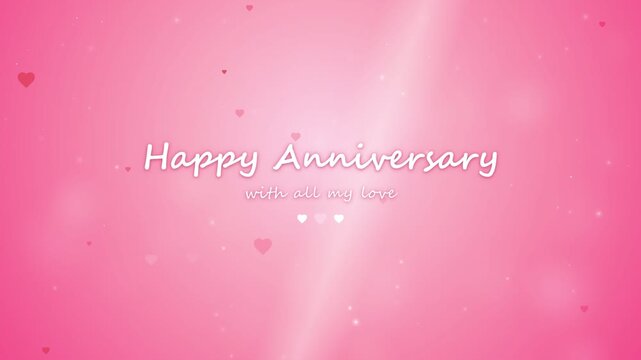 Romantic pink background with floating hearts and happy anniversary text for love celebration