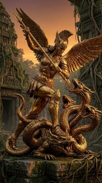 Golden angel warrior fighting multi-headed dragon