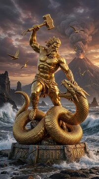 Thor statue fighting serpent with hammer