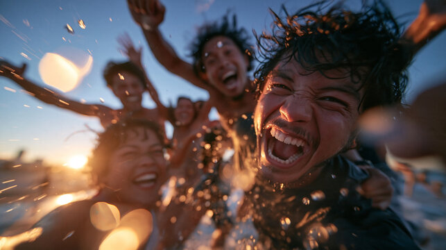 Joyful Friends Splashing in Ocean Water at Sunset