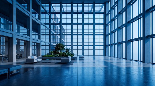 Modern Corporate Building Lobby with Large Glass Windows