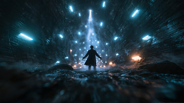 Silhouetted Figure Standing in Glowing Sci-Fi Tunnel