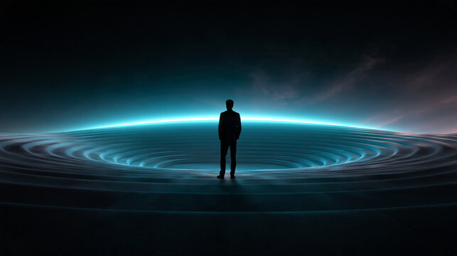 Silhouette of Executive Standing Before Futuristic Glowing Arena