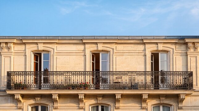 Classic Parisian Stone Facade with Wrought Iron Balcony