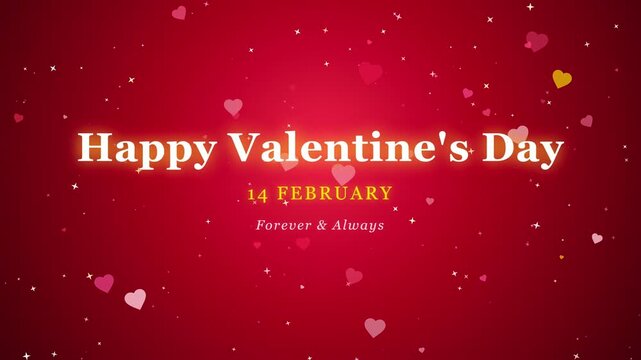 Animated Happy Valentine's Day greeting with floating hearts and sparkling particles on red background
