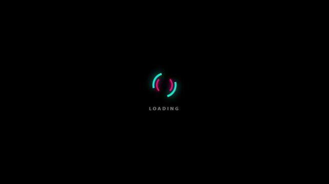 Neon loading animation with glowing cyan and pink circles, futuristic progress bar interface, digital buffering icon on black background