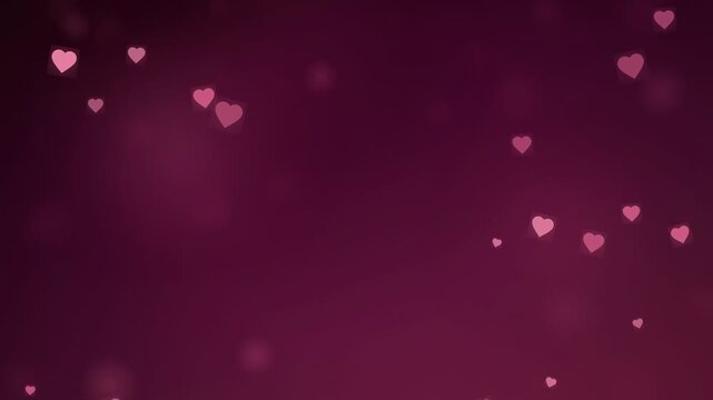 Abstract romantic background with floating pink hearts and soft bokeh light on dark purple backdrop