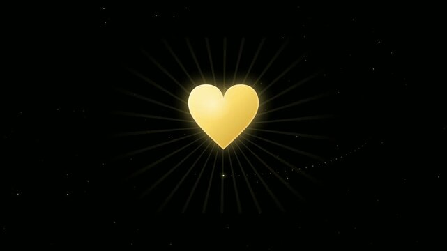 Glowing Golden Heart Pulsing with Radiant Light Rays on a Dark Black Background