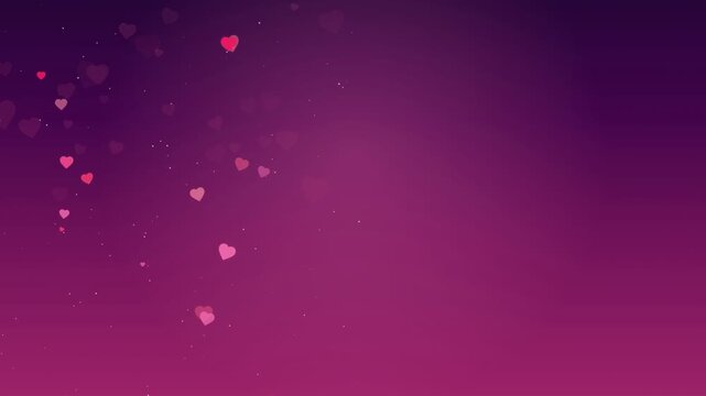 Abstract romantic background with floating pink hearts and sparkling particles on purple gradient backdrop