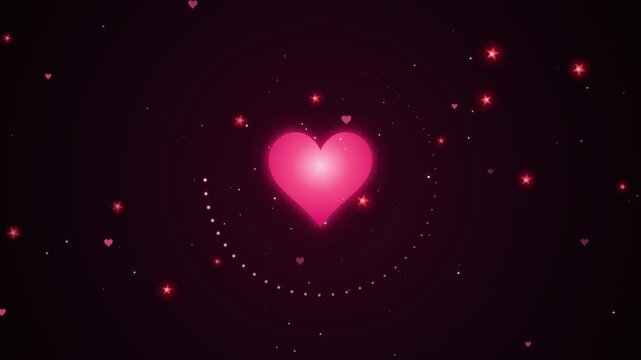 Glowing pink heart with rotating sparkling particles on a dark purple romantic background