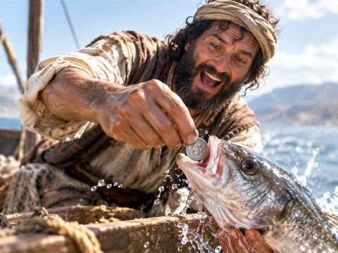 Apostle Peter Miraculously Pulling Silver Coin from Fish's Mouth in Ancient Biblical Scene.