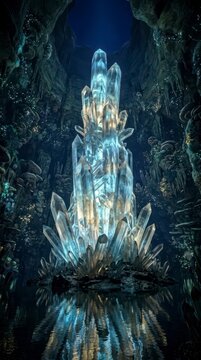 Giant glowing crystal formation inside a dark cave