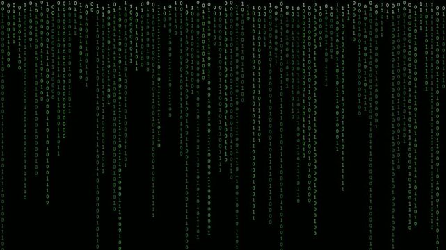 Digital rain of green binary code falling vertically on a black background for technology concepts