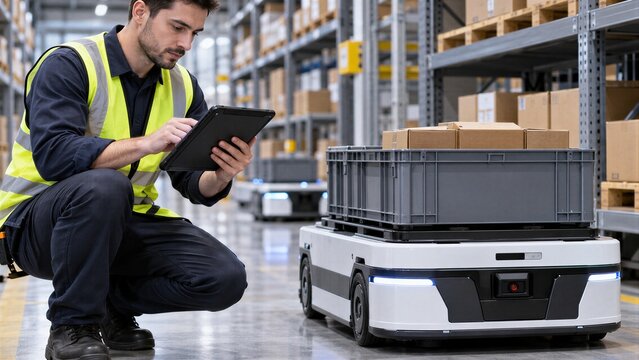 Warehouse Worker Operating Tablet Next to AMR Robot Carrying Crate in Automated Logistics Distribution.