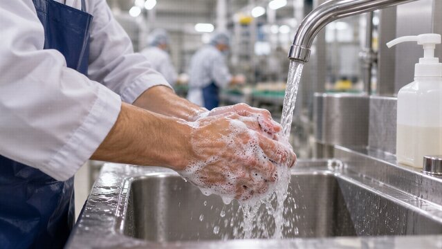 Factory Worker Washing Hand with Soap in Industrial Sink for Hygiene and Food Safety Compliance.