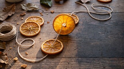 Fototapeta premium Dried Citrus Garland Being Assembled on a Craft Table