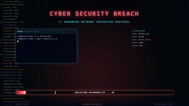 Digital screen displaying cyber security breach alert with scrolling code and hacking progress bar