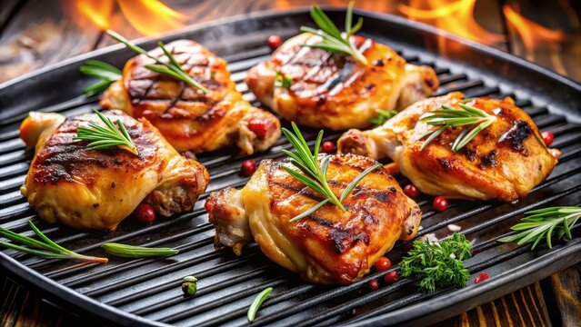 Juicy grilled chicken thighs sizzling on a preheated grill plate, releasing savory aromas into the air , grilled chicken